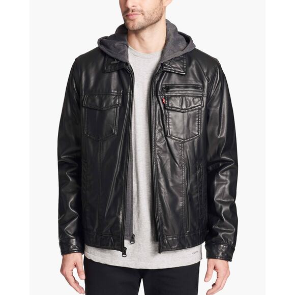 Levi's Black Faux Leather Sherpa Trucker‎ Jacket with Built in Hoodie XXL - Picture 1 of 7